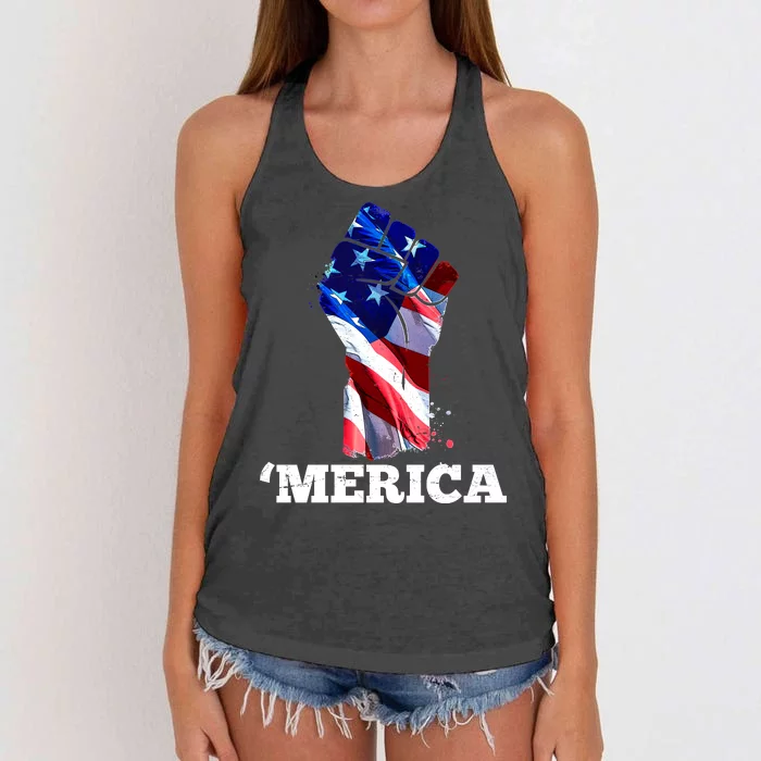 Merica USA American Flag Fist Women's Knotted Racerback Tank