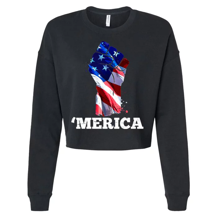 Merica USA American Flag Fist Cropped Pullover Crew