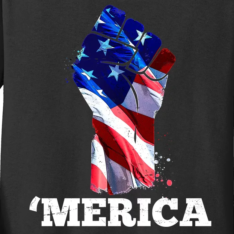 Merica USA American Flag Fist Kids Long Sleeve Shirt