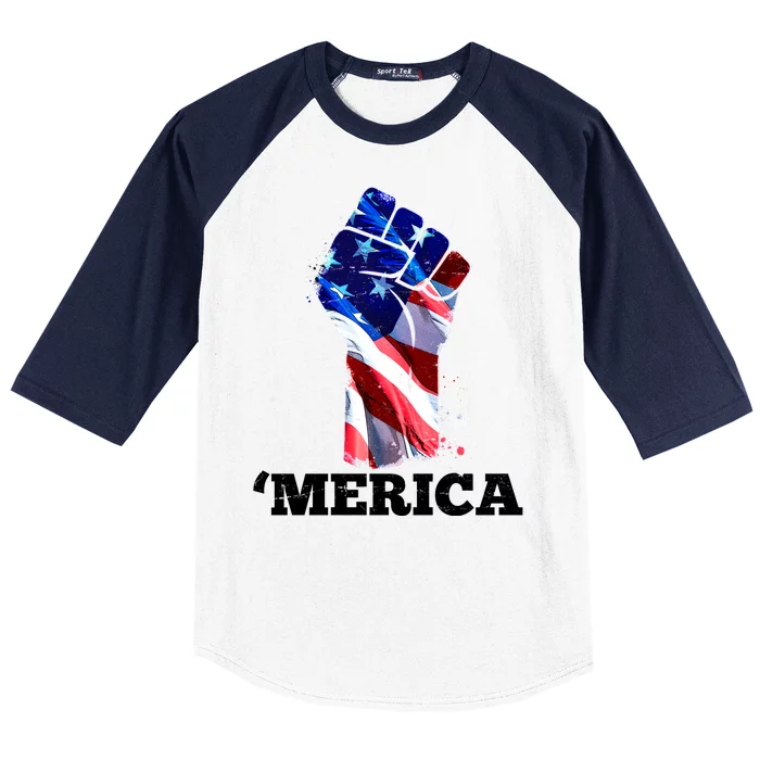 Merica USA American Flag Fist Baseball Sleeve Shirt