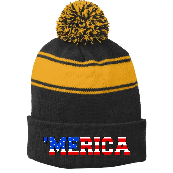 Merica USA Logo Stripe Pom Pom Beanie