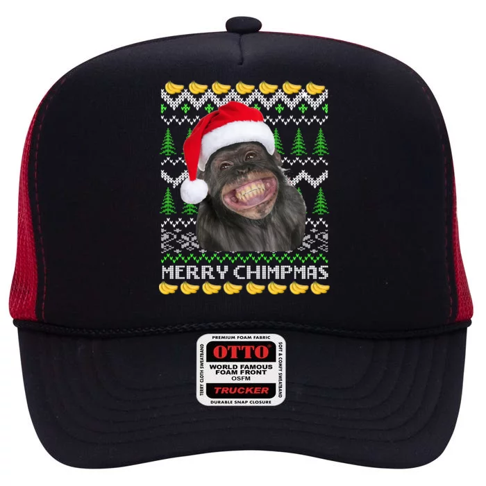 Merry Chimpmas Monkey Ugly Christmas Sweater High Crown Mesh Trucker Hat