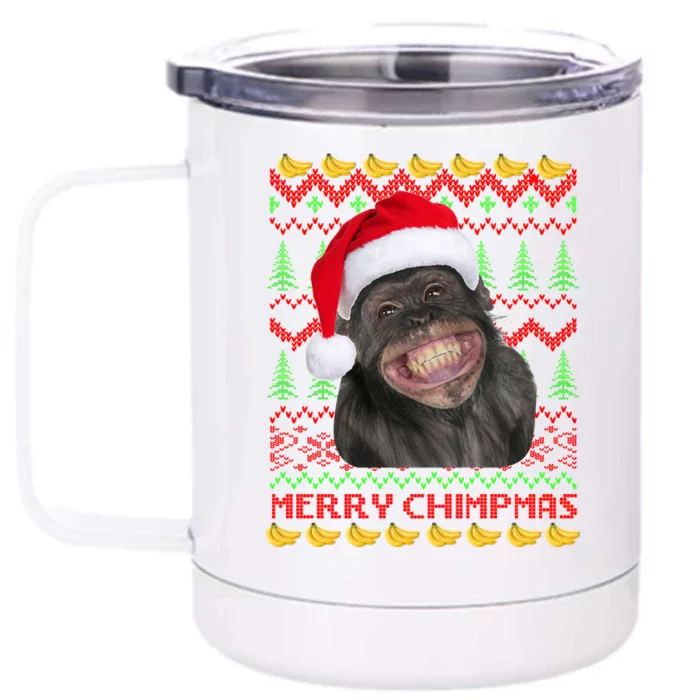 Merry Chimpmas Monkey Ugly Christmas Sweater Front & Back 12oz Stainless Steel Tumbler Cup