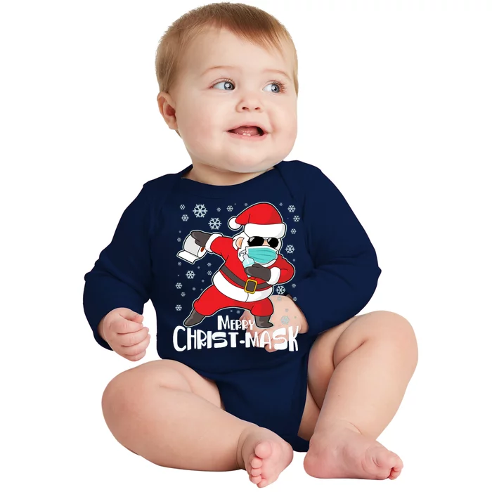 Merry Christ-Mask Dabbing Quarantine Santa Claus Baby Long Sleeve Bodysuit