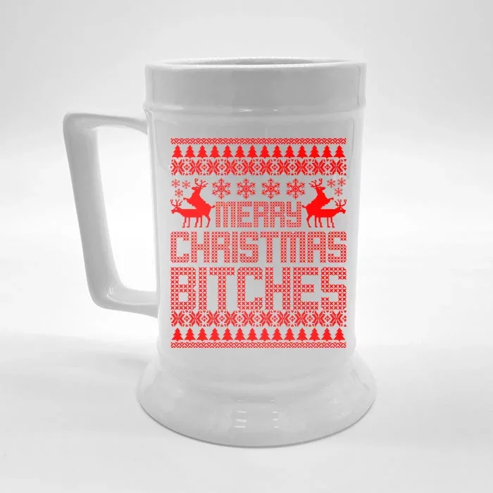 Merry Christmas Bitches Ugly Christmas Sweater Design Front & Back Beer Stein