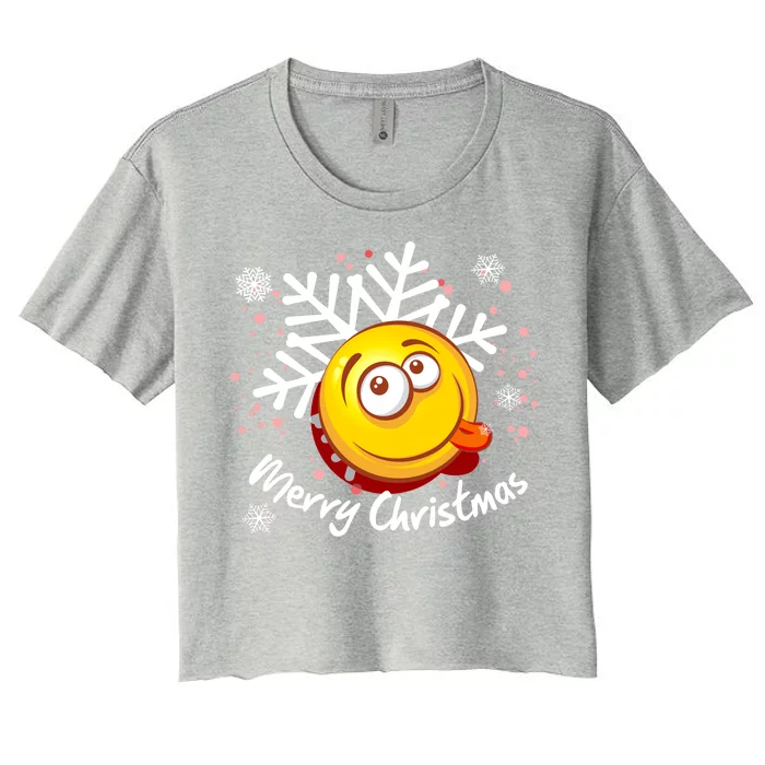 Merry Christmas Funny Smiley Face Snowflake Women's Crop Top Tee