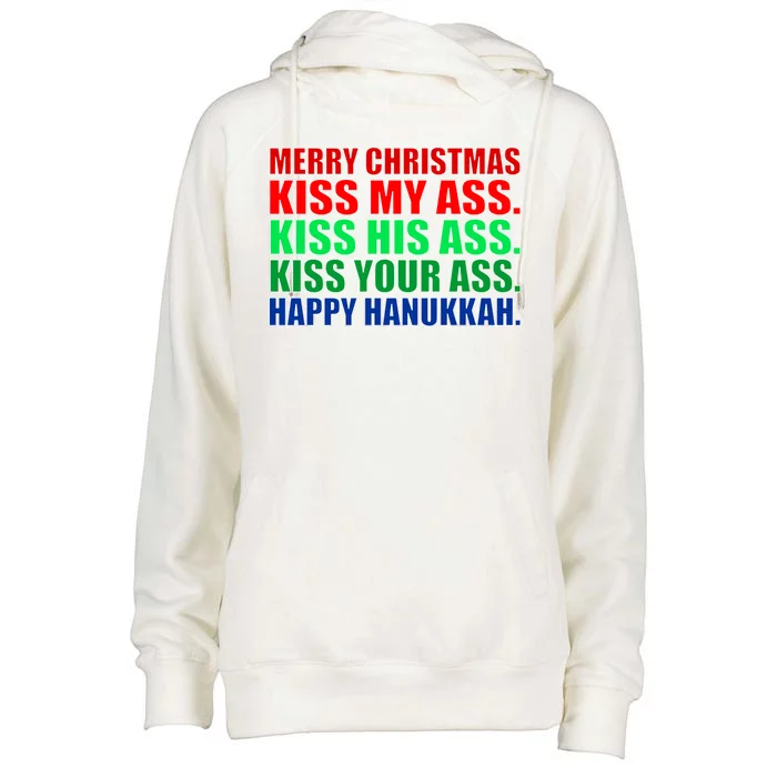 Merry Christmas Kiss My Ass Happy Hanukkah Womens Funnel Neck Pullover Hood