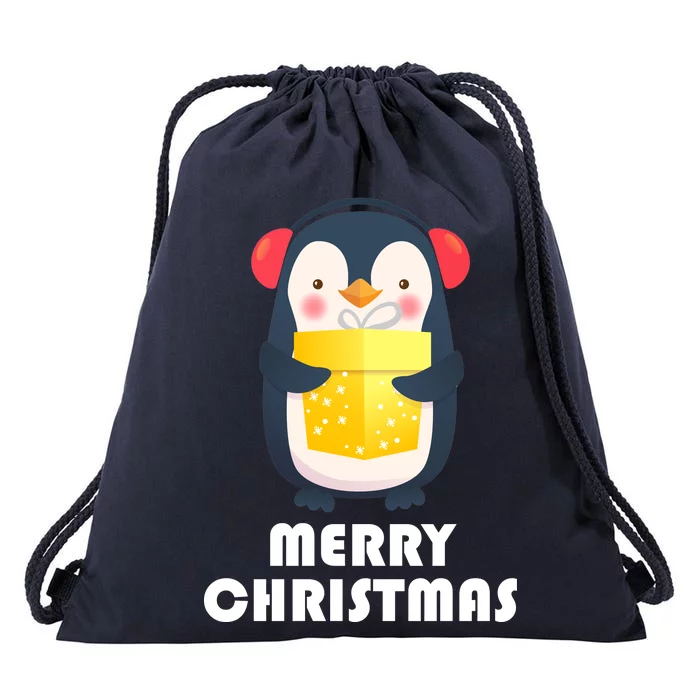 Merry Christmas Penguin Drawstring Bag