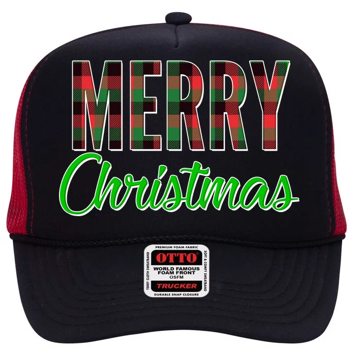 Merry Christmas Plaid High Crown Mesh Trucker Hat