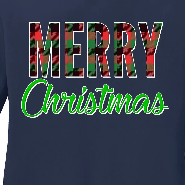 Merry Christmas Plaid Ladies Long Sleeve Shirt