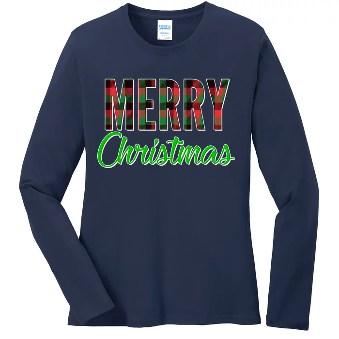 Merry Christmas Plaid Ladies Long Sleeve Shirt