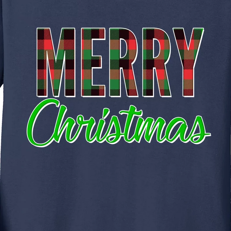 Merry Christmas Plaid Kids Long Sleeve Shirt