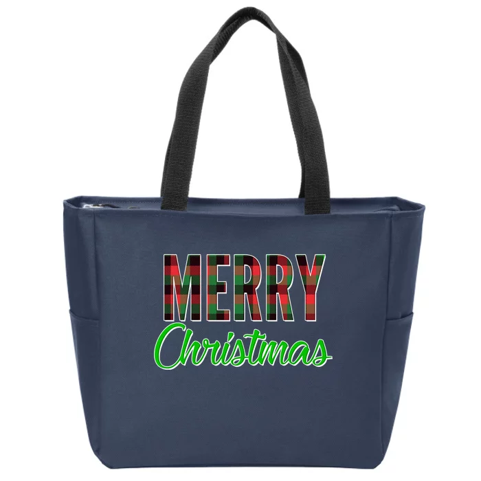 Merry Christmas Plaid Zip Tote Bag