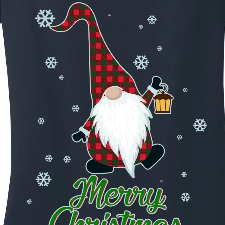 Merry Christmas Plaid Garden Gnome Women's V-Neck T-Shirt