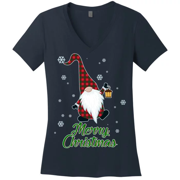 Merry Christmas Plaid Garden Gnome Women's V-Neck T-Shirt