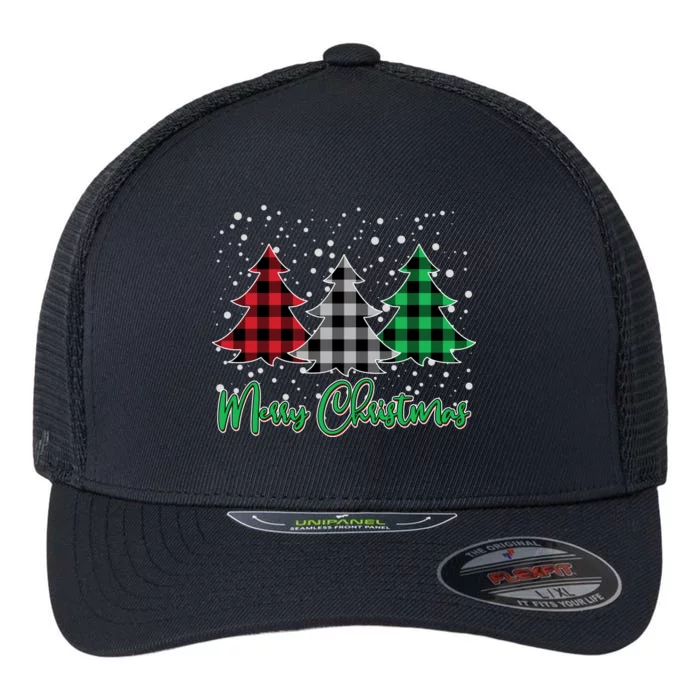 Merry Christmas Plaid Trees Flexfit Unipanel Trucker Cap