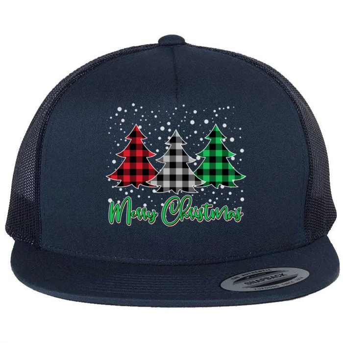 Merry Christmas Plaid Trees Flat Bill Trucker Hat