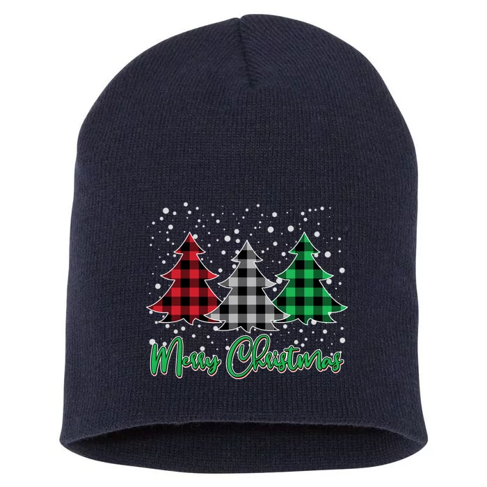 Merry Christmas Plaid Trees Short Acrylic Beanie