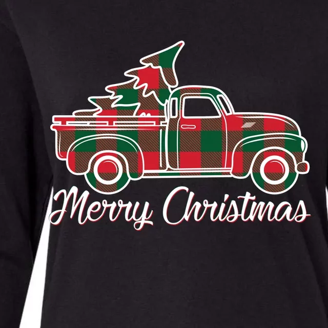 Merry Christmas Plaid Truck And Tree Womens Cotton Relaxed Long Sleeve T-Shirt