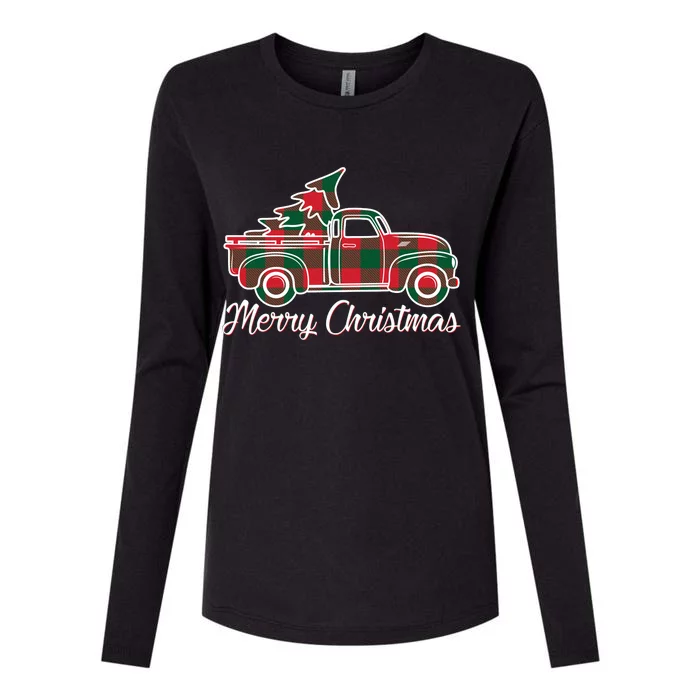 Merry Christmas Plaid Truck And Tree Womens Cotton Relaxed Long Sleeve T-Shirt