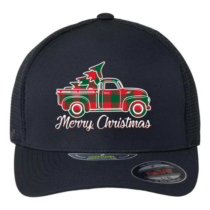 Merry Christmas Plaid Truck And Tree Flexfit Unipanel Trucker Cap