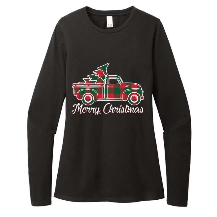 Merry Christmas Plaid Truck And Tree Womens CVC Long Sleeve Shirt