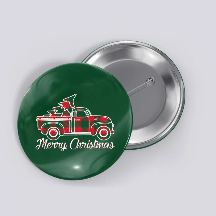 Merry Christmas Plaid Truck And Tree Button