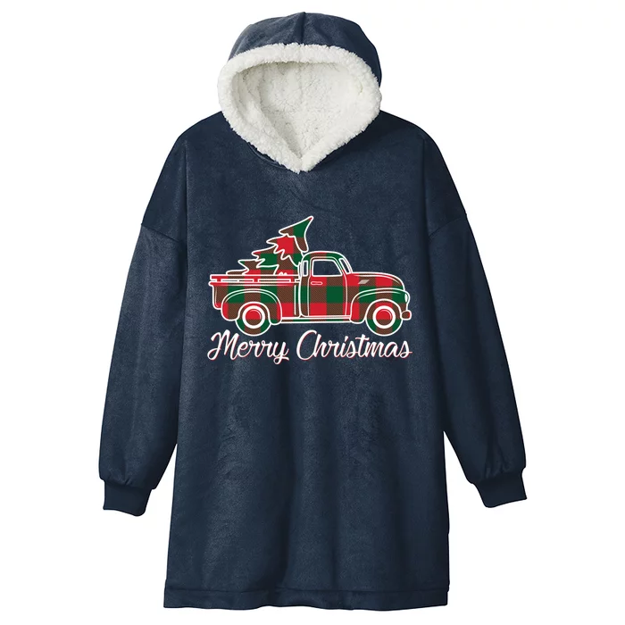 Merry Christmas Plaid Truck And Tree Hooded Wearable Blanket