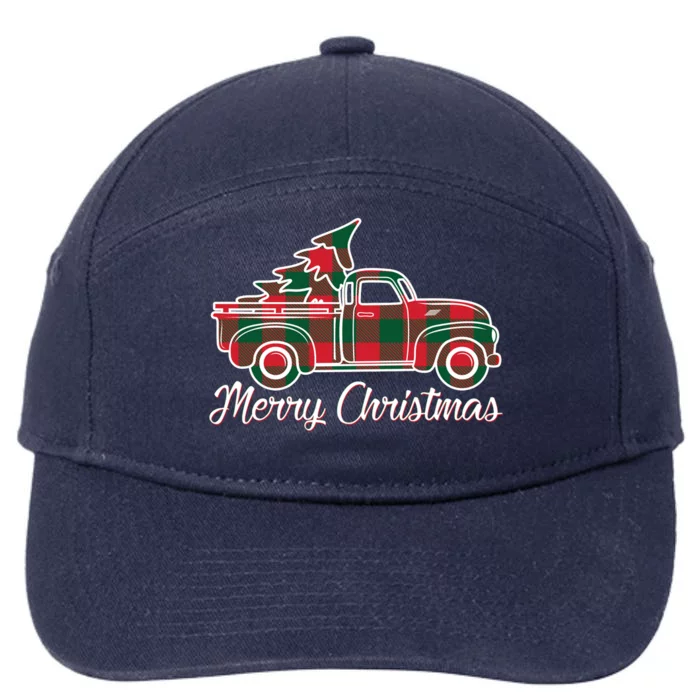 Merry Christmas Plaid Truck And Tree 7-Panel Snapback Hat