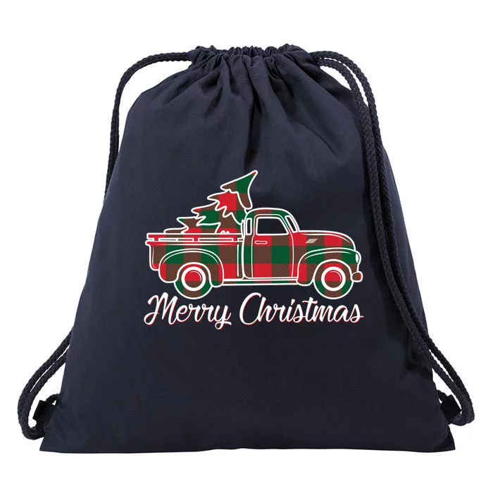 Merry Christmas Plaid Truck And Tree Drawstring Bag