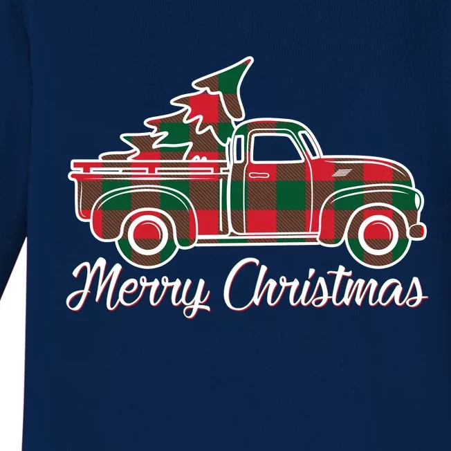 Merry Christmas Plaid Truck And Tree Baby Long Sleeve Bodysuit