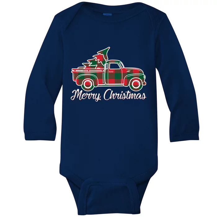 Merry Christmas Plaid Truck And Tree Baby Long Sleeve Bodysuit