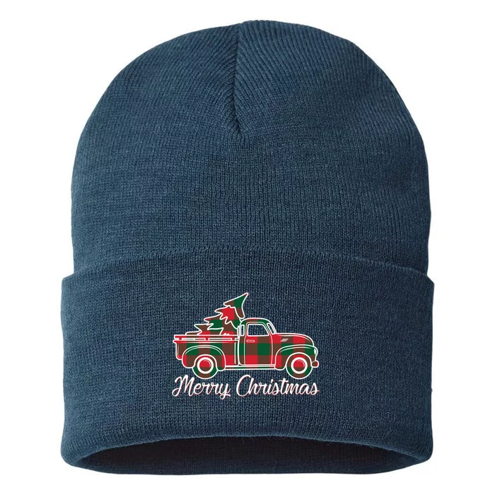 Merry Christmas Plaid Truck And Tree Sustainable Knit Beanie