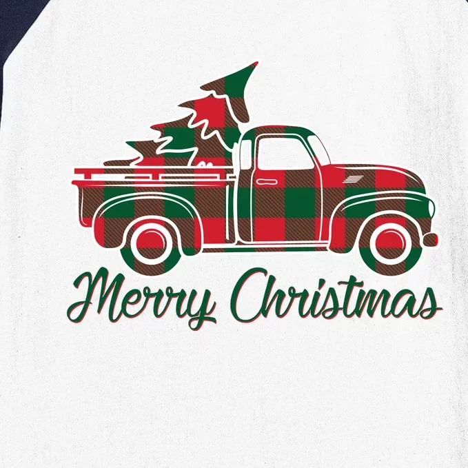 Merry Christmas Plaid Truck And Tree Baseball Sleeve Shirt