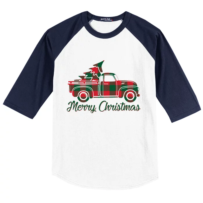 Merry Christmas Plaid Truck And Tree Baseball Sleeve Shirt