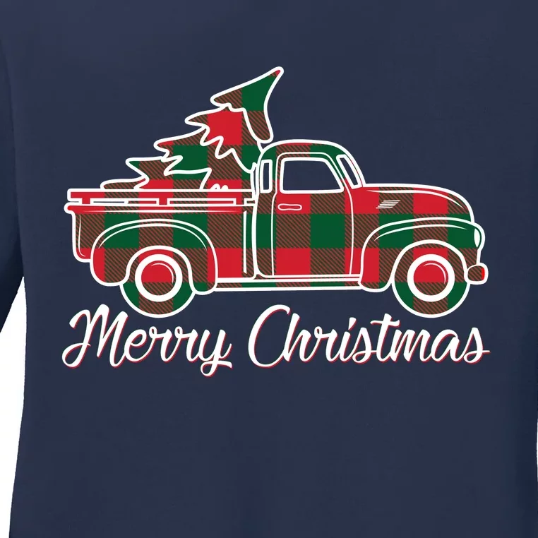 Merry Christmas Plaid Truck And Tree Ladies Long Sleeve Shirt