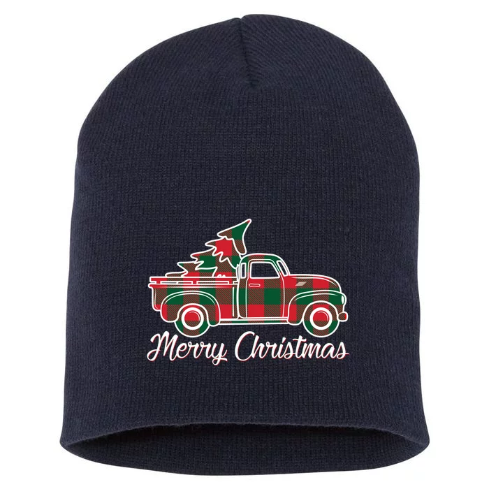 Merry Christmas Plaid Truck And Tree Short Acrylic Beanie