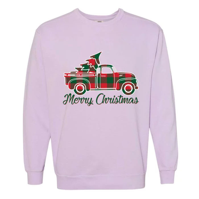 Merry Christmas Plaid Truck And Tree Garment-Dyed Sweatshirt