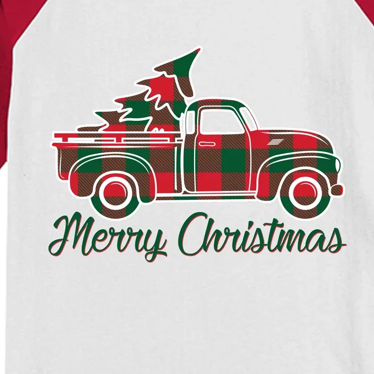 Merry Christmas Plaid Truck And Tree Kids Colorblock Raglan Jersey