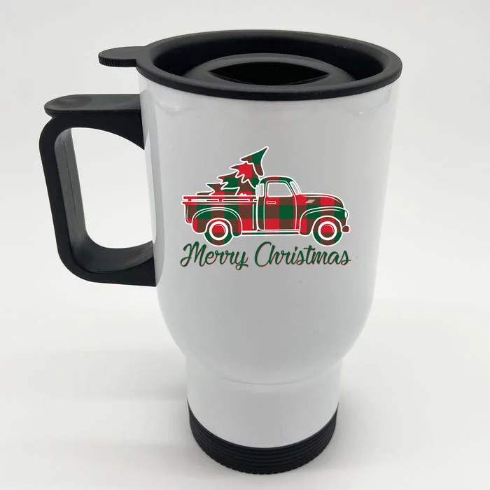 Merry Christmas Plaid Truck And Tree Front & Back Stainless Steel Travel Mug