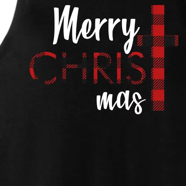 Merry Christmas Plaided Cross Ladies Tri-Blend Wicking Tank