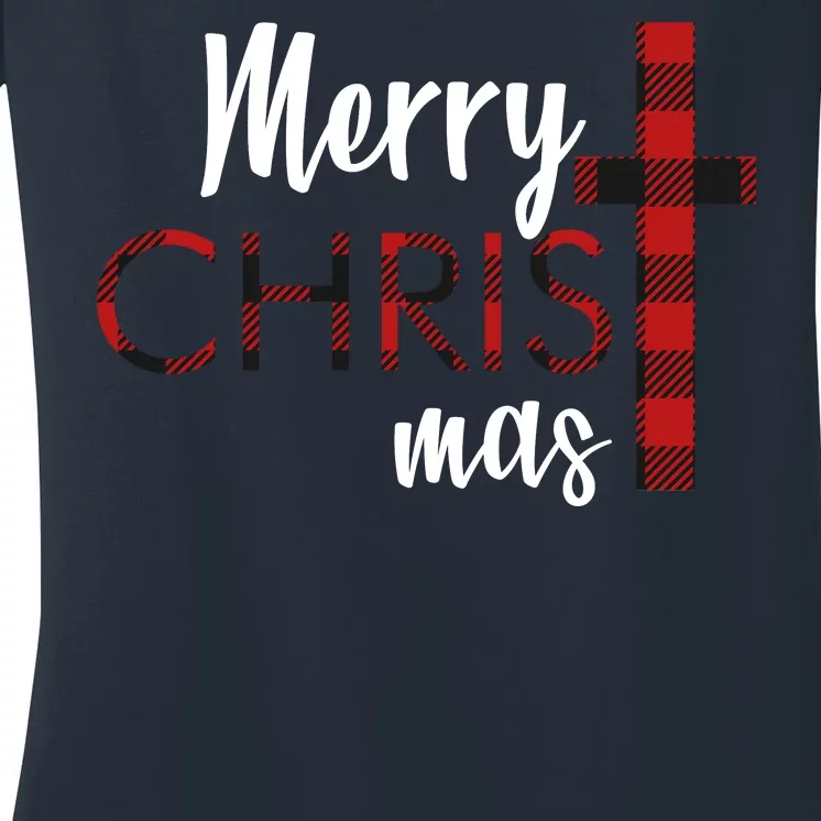 Merry Christmas Plaided Cross Women's V-Neck T-Shirt