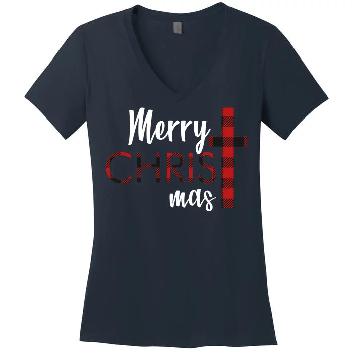 Merry Christmas Plaided Cross Women's V-Neck T-Shirt