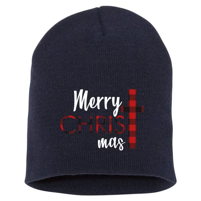 Merry Christmas Plaided Cross Short Acrylic Beanie