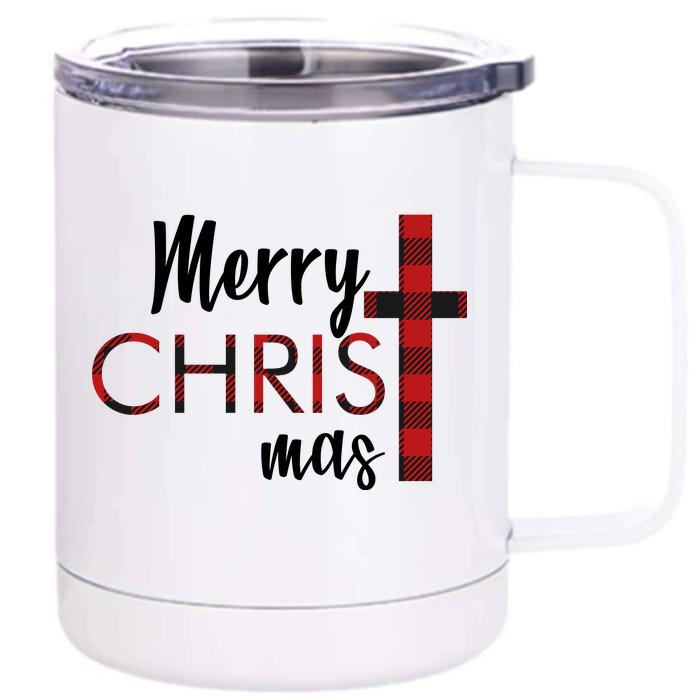 Merry Christmas Plaided Cross Front & Back 12oz Stainless Steel Tumbler Cup