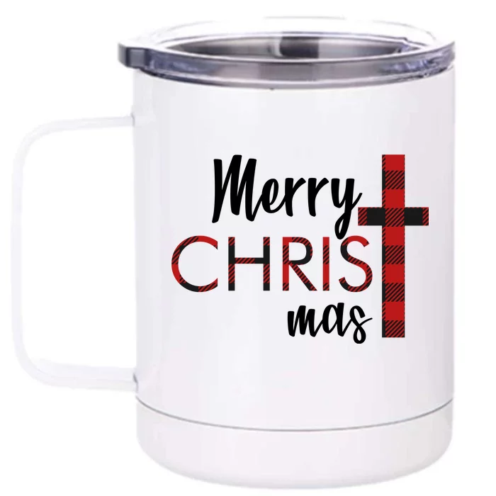 Merry Christmas Plaided Cross Front & Back 12oz Stainless Steel Tumbler Cup