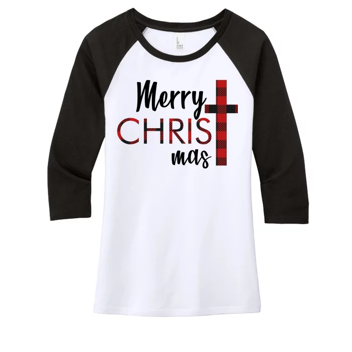 Merry Christmas Plaided Cross Women's Tri-Blend 3/4-Sleeve Raglan Shirt