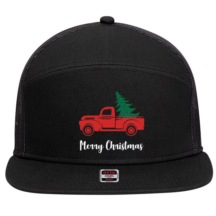 Merry Christmas Tree and Truck 7 Panel Mesh Trucker Snapback Hat