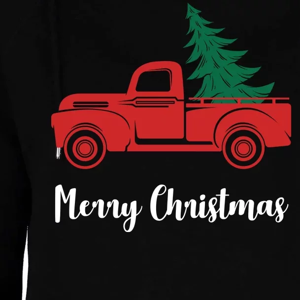 Merry Christmas Tree and Truck Womens Funnel Neck Pullover Hood