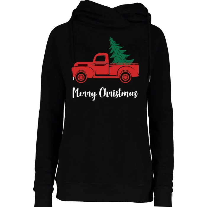 Merry Christmas Tree and Truck Womens Funnel Neck Pullover Hood